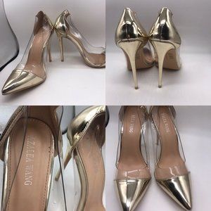 Azalea Wang metallic gold stilettos
